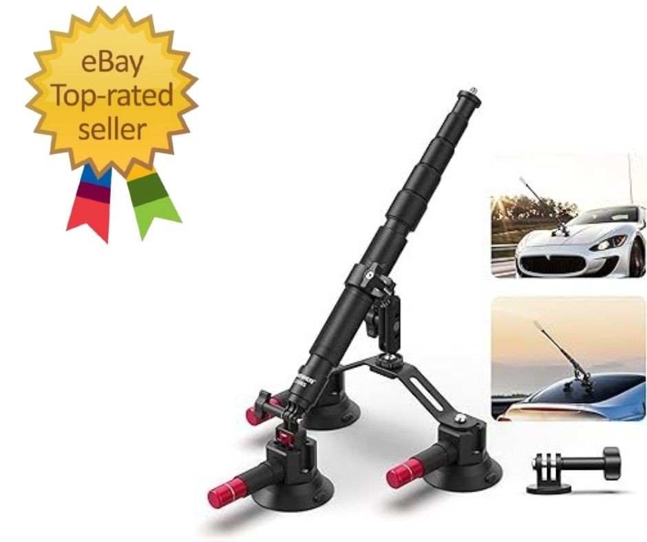 Triple Suction Cup Car Mount Kit with 2-in-1 Selfie Stick & Adjustable Pole for