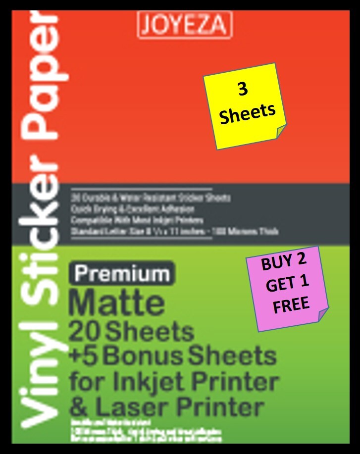 [3 Sheets] JOYEZA Matte Vinyl Sticker Paper 8 1/2" X 11" INKJET/LASER B2G1