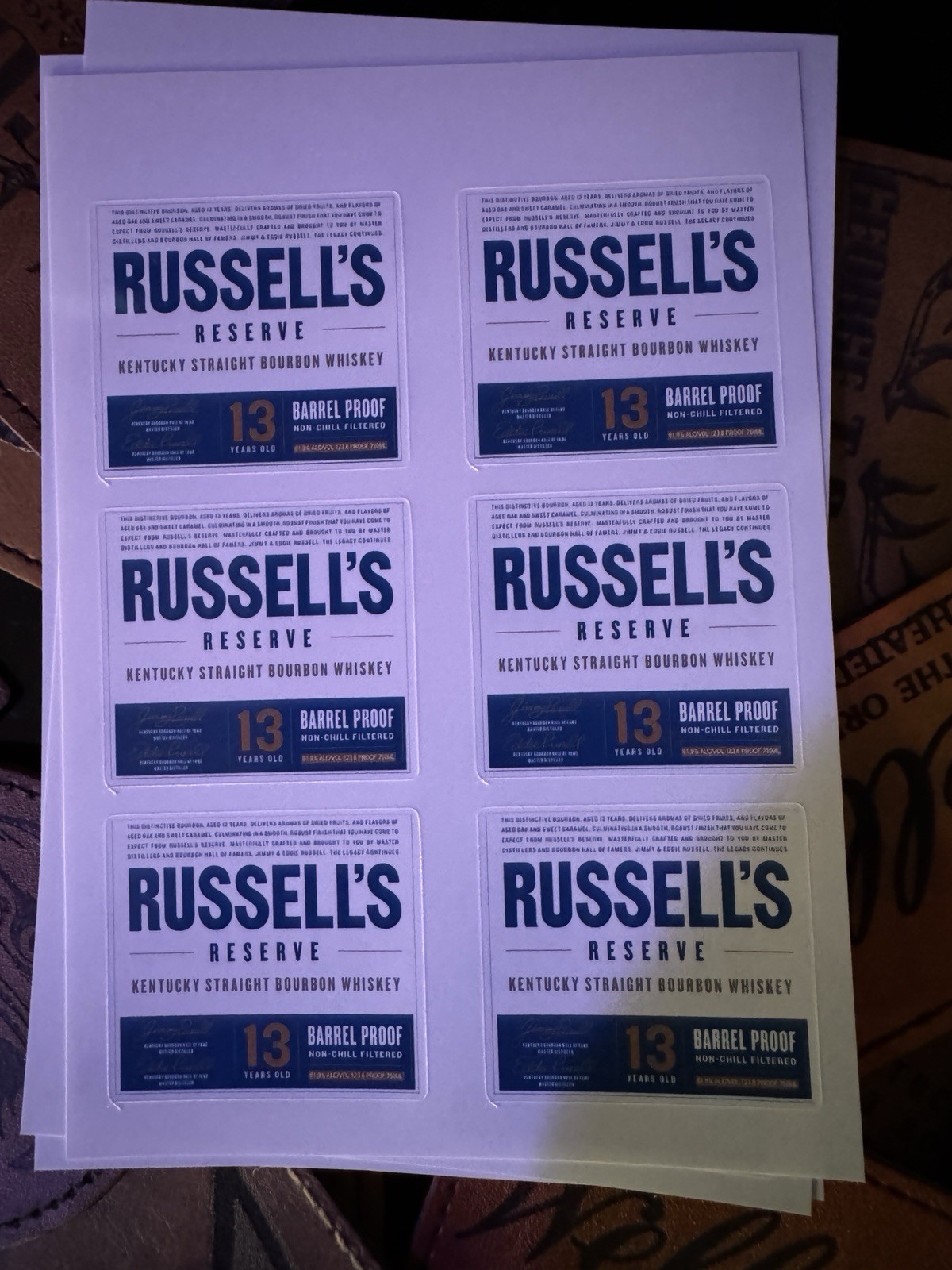 Russell’s Reserve 13,15, & Single Rick B – Mini Taster Bottle Labels, 18 Labels
