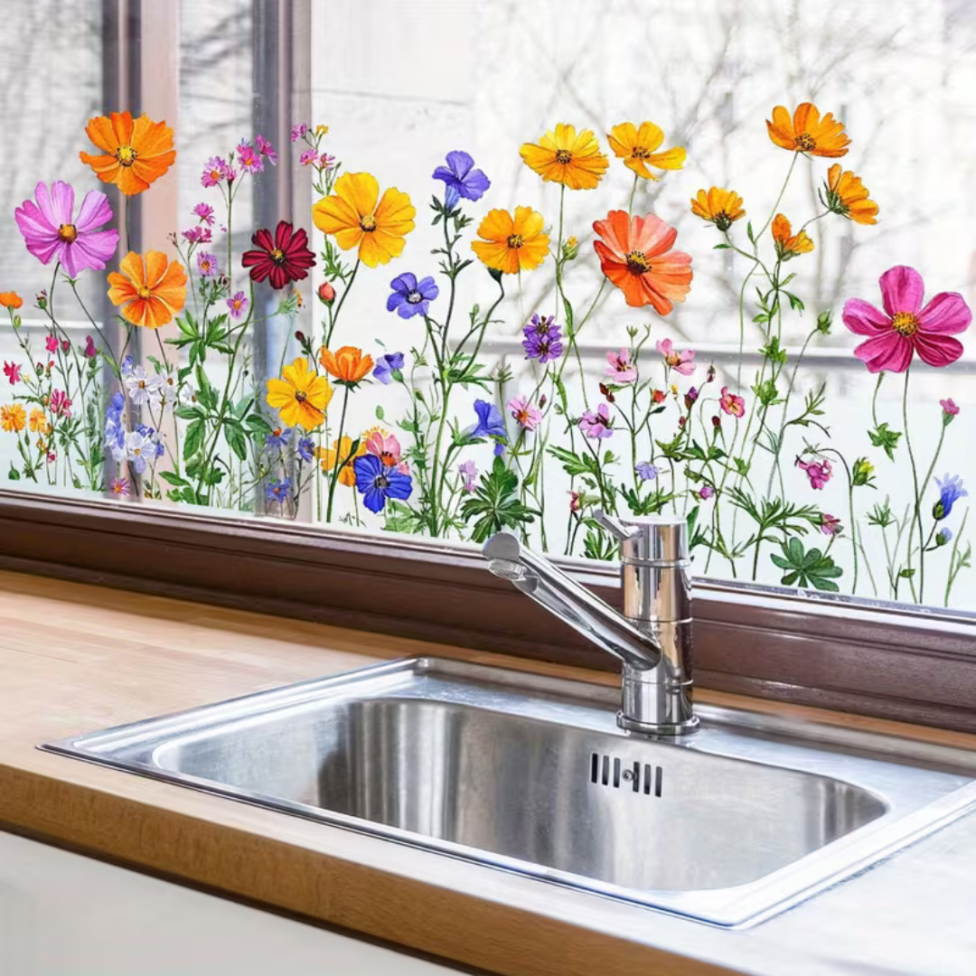 Reusable PVC Static Cling Window Stickers Floral Glass Door Wall Decals Removabl