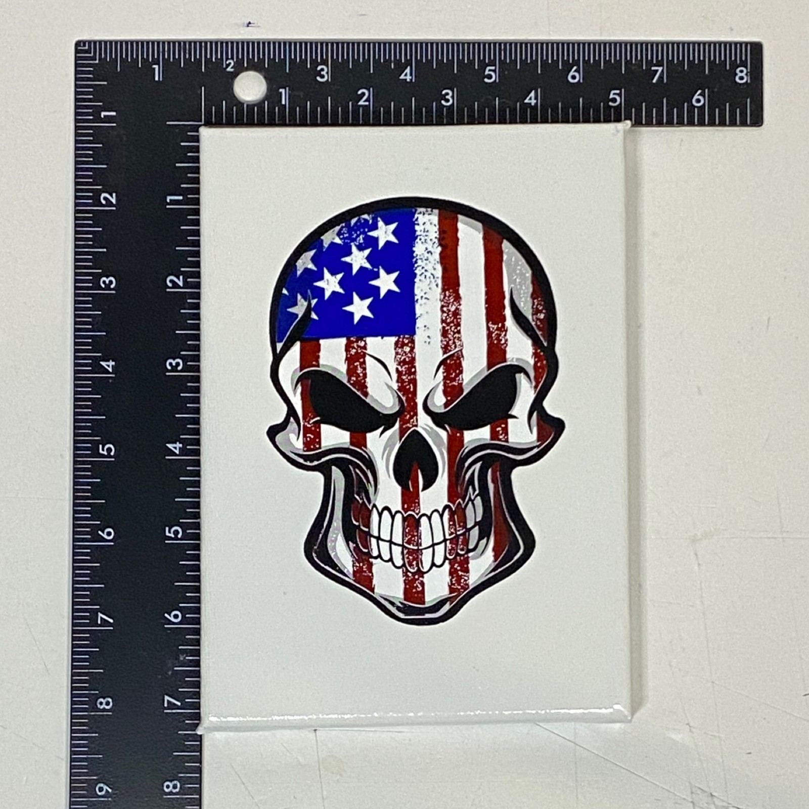 American Flag Skull Sticker on 5" x 7" x 1/2" Painted Canvas with Hangar on back