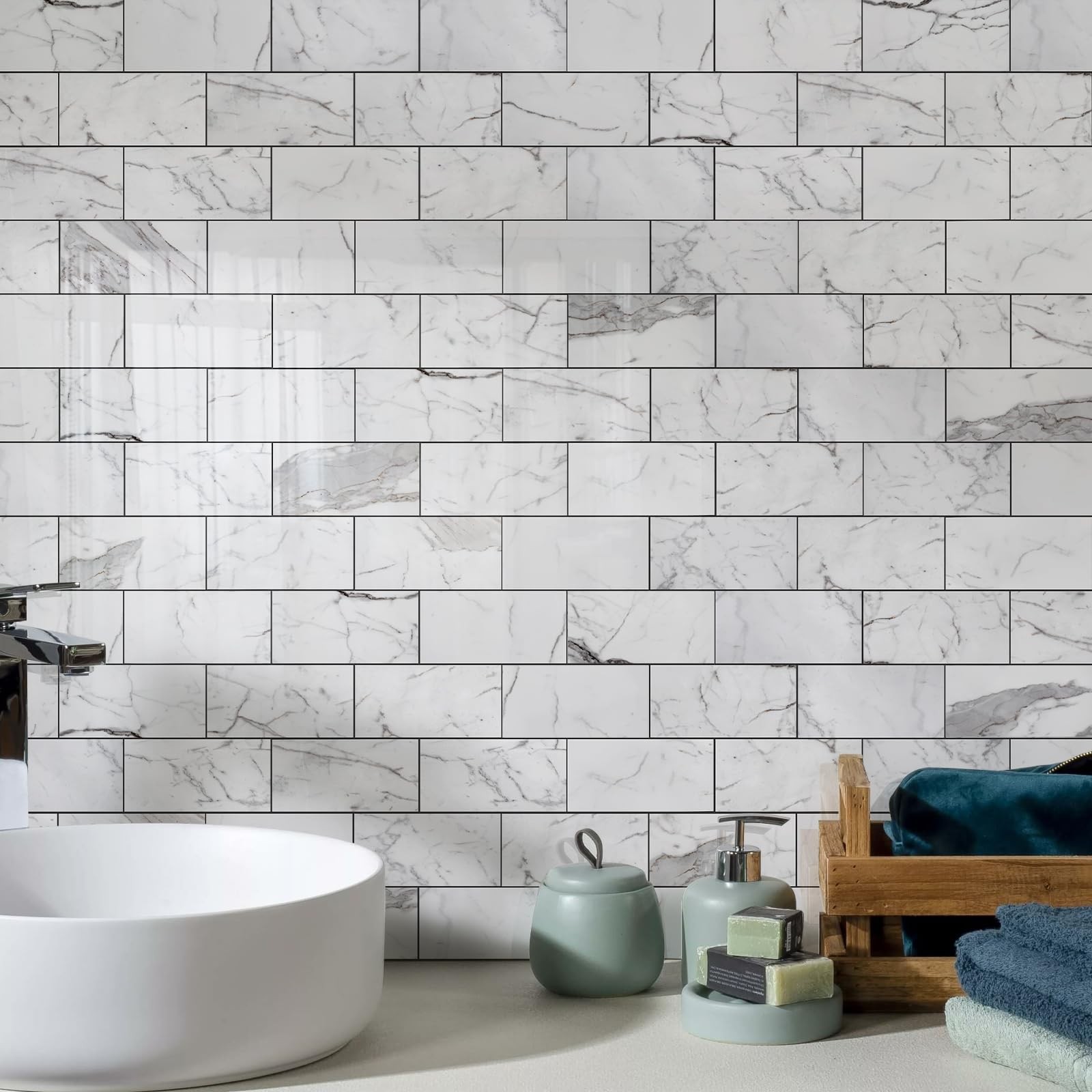 100Piece Glossy Statury White Peel and Stick Backsplash Tile,3"x6" PVC Subw…