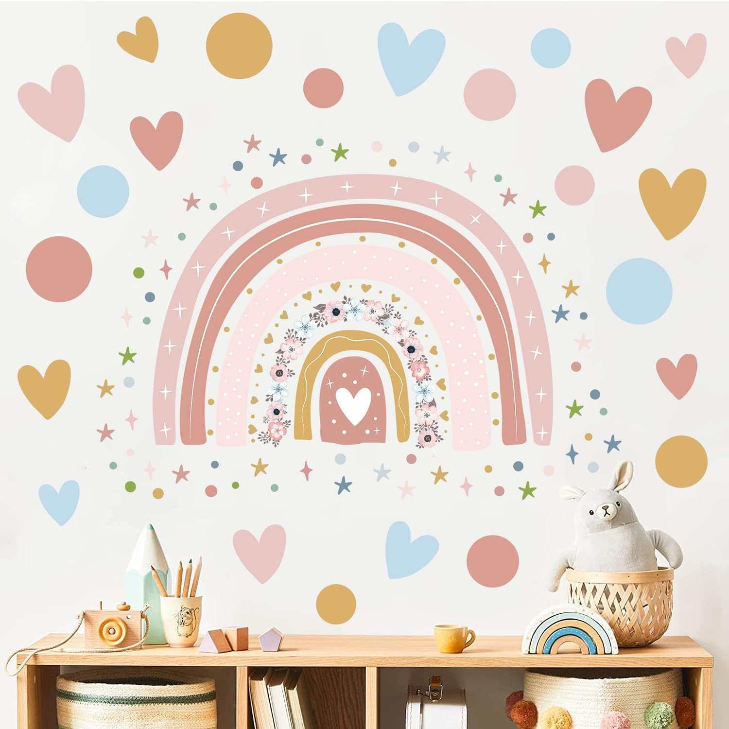 Rainbow Flower Wall Stickers – Colorful Dots, Hearts, Stars, Nursery Size