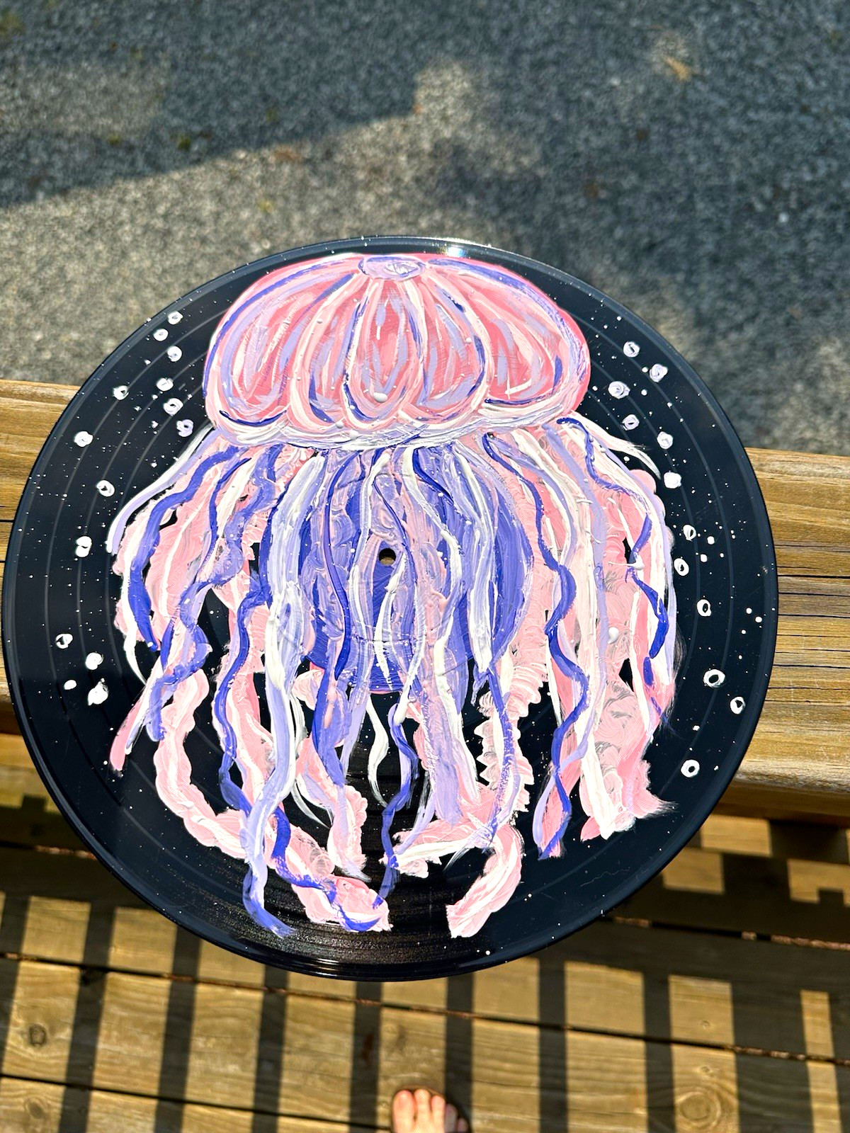 Painted upcycled vinyl record Black with Pink Purple White Jellyfish Design
