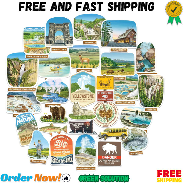 Yellowstone National Park Stickers (28Pcs) – Hand-Illustrated, America, Nature-T