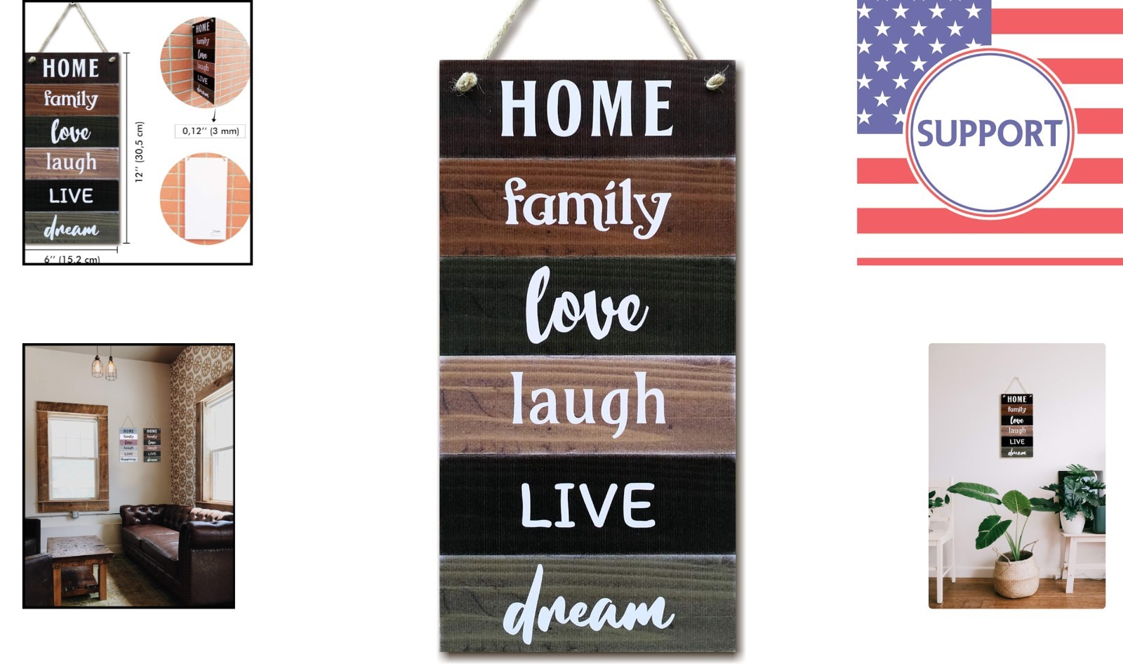 Inspirational Rustic Wall Sign – Home, Family, Love & Dreams 12" x 6"
