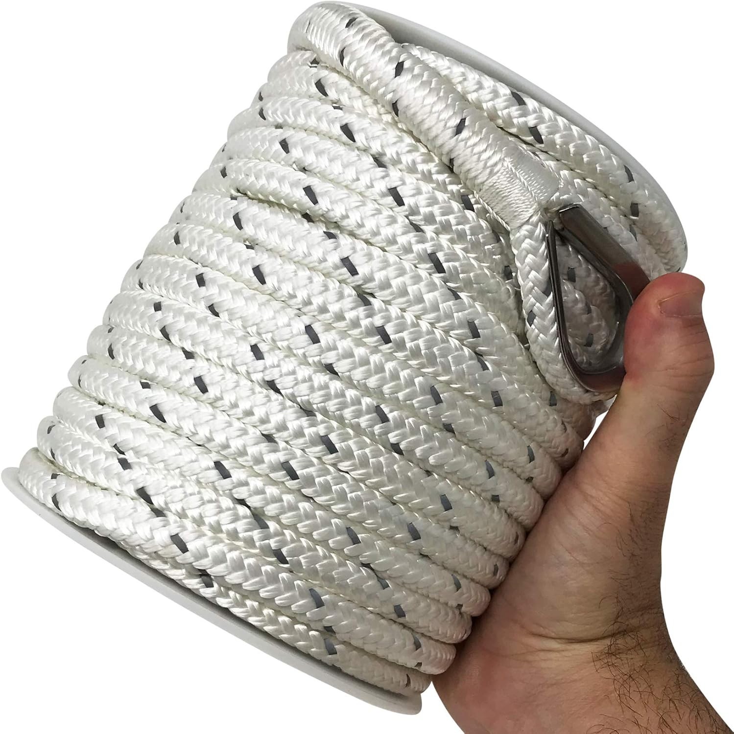 Premium Boat Anchor Rope, 100 Ft Double Braided Blue Nylon Marine Line, 3/8 Inch
