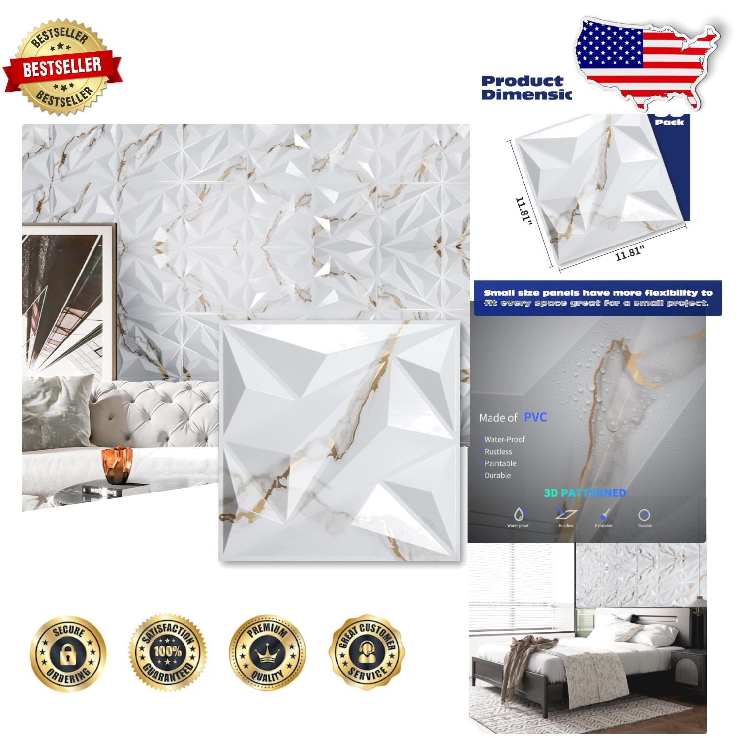 Waterproof 3D Wall Panels 33pk Diamond PVC Gold Veined White Commercial Interior