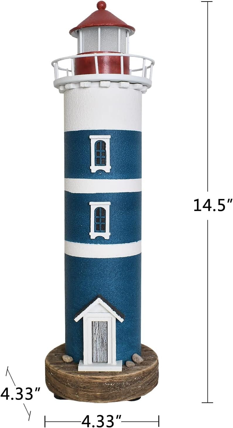 Wooden Lighthouse with Lights Nautical Tabletop Figurine Beach Themed (Blue)