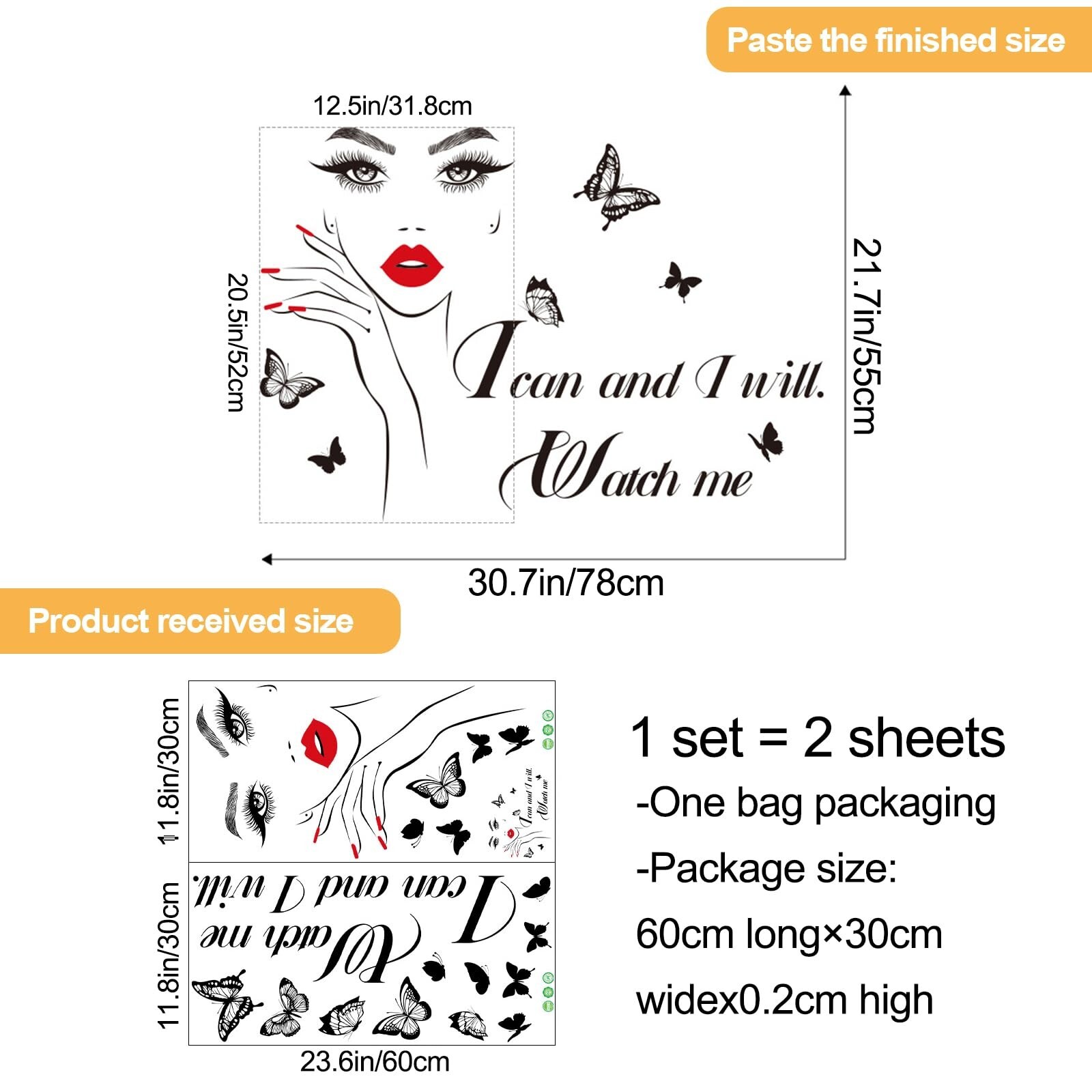 3D Inspirational Quotes Wall Decals Removable DIY Red Lips Girl and Motivatio…