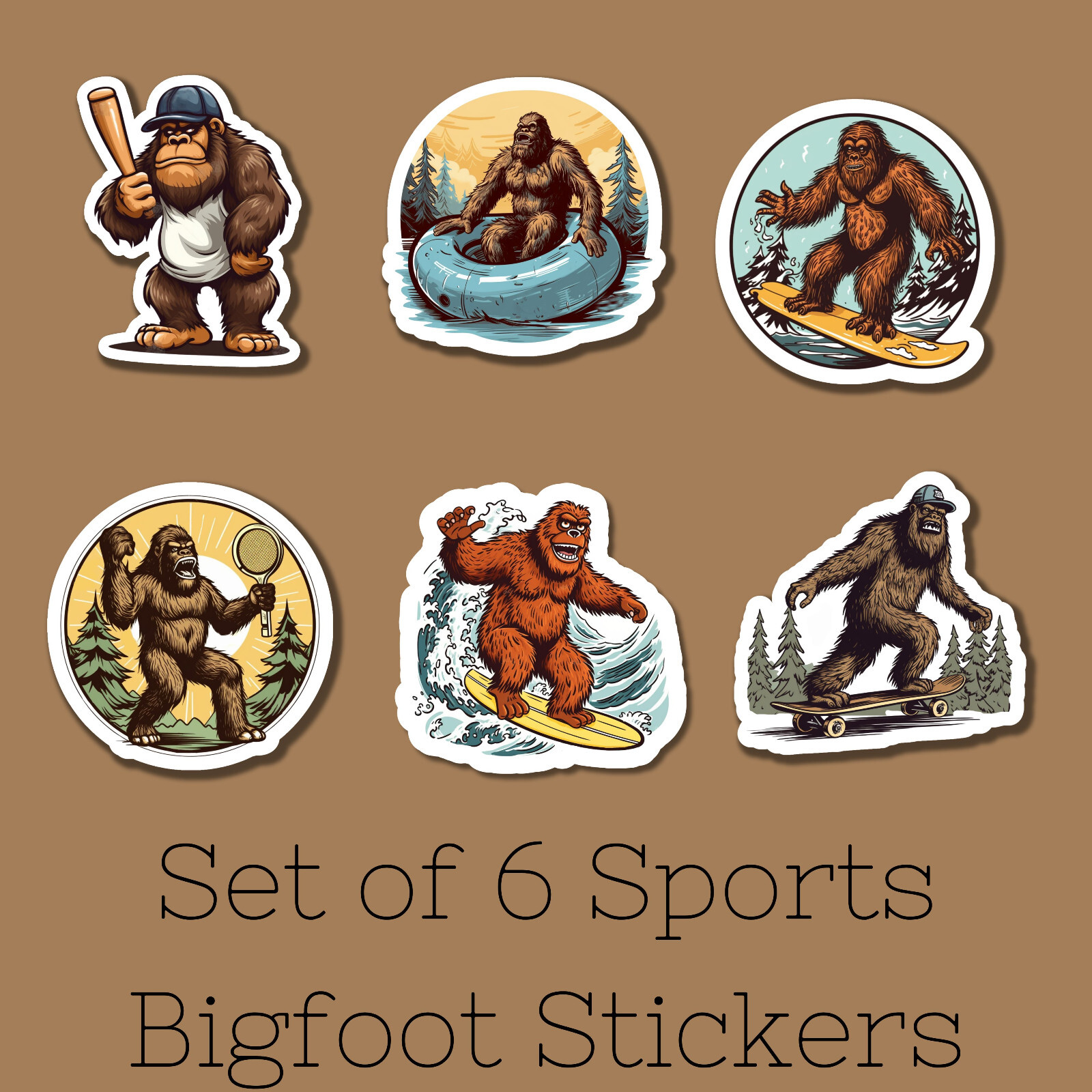 Set of 6 Sports Bigfoot Sasquatch Cryptid 3" Vinyl Laminated Stickers