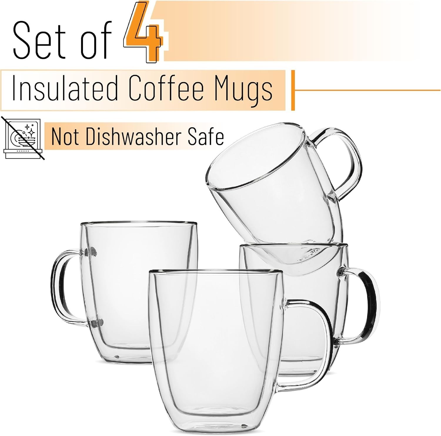 Btat- Stackable Insulated Coffee Mug, Coffee Glass, Large, Set of 4 (16Oz, 500Ml