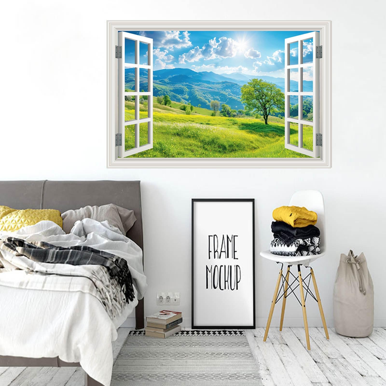 Fake Window Wall Sticker Summer Mountain Grassland Green Forest Tree Faux Win…