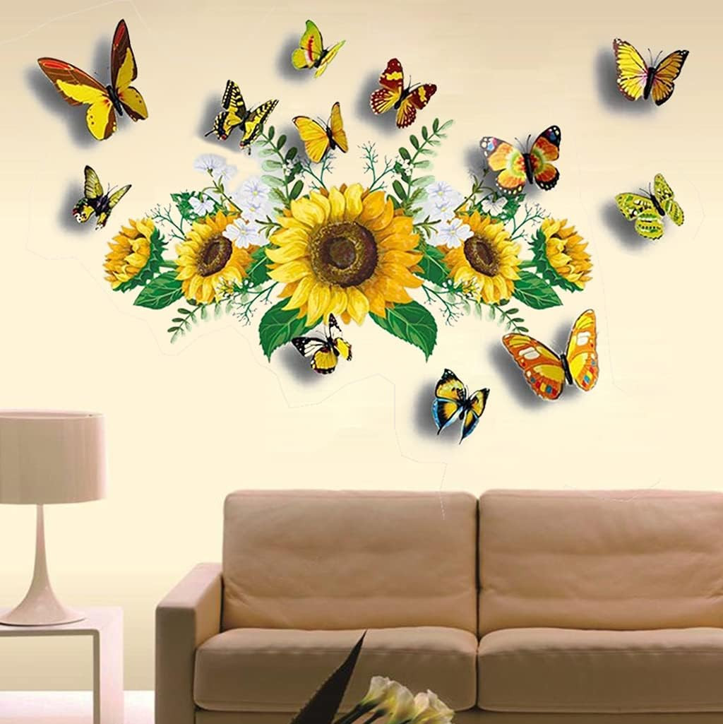 Sunflower Wall Stickers 3D Butterfly Yellow Floral Removable Waterproof Decor