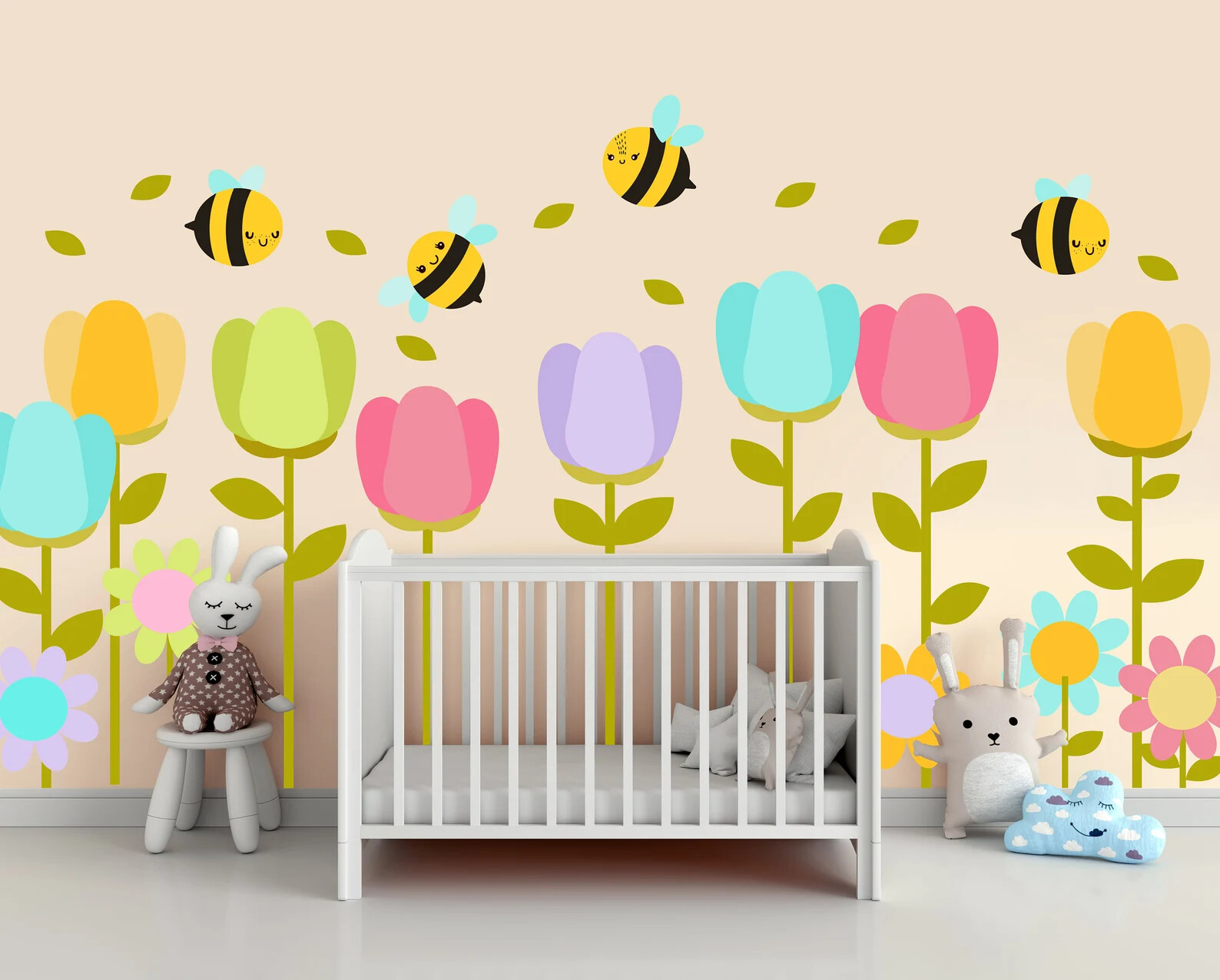 Flower wall decals Decor Cute Bee Tulip Floral Home decor Nursery Kawaii LF025