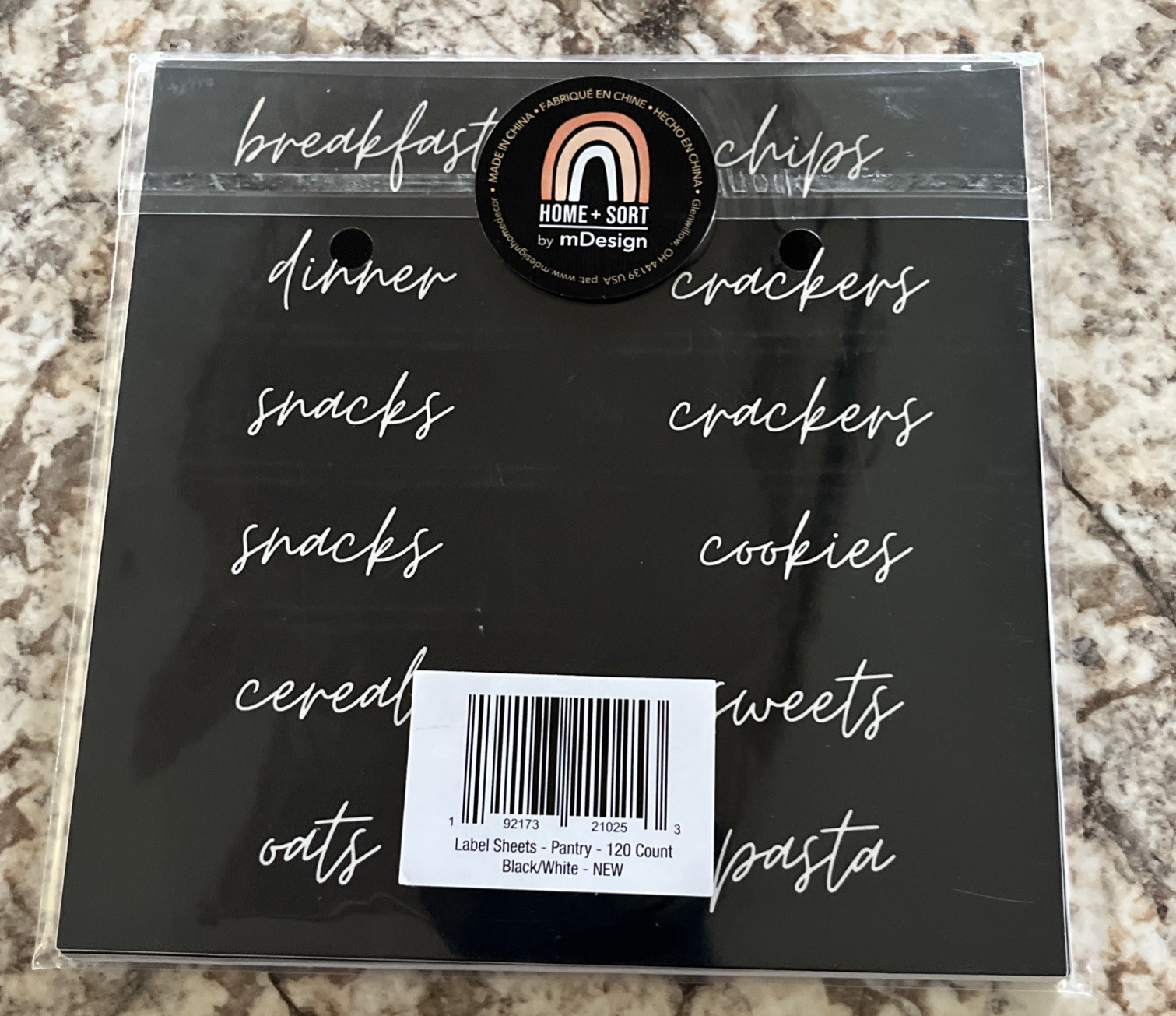 Home + Sort mDesign Pantry Label Sheets 120 Count Black W/White Lettering NIP