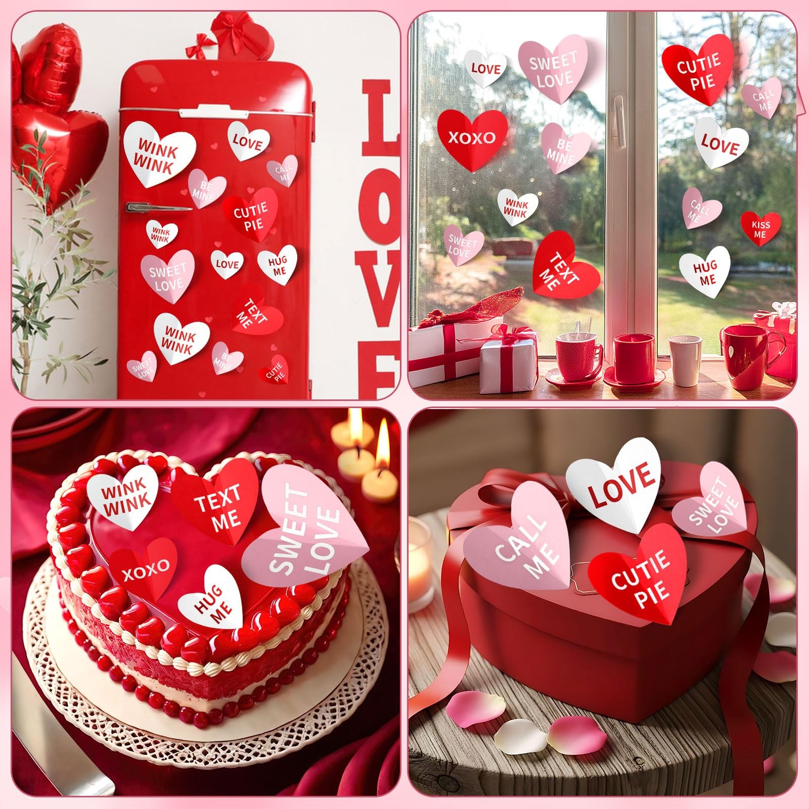 60PCS Valentine's Day Heart Wall Stickers, Valentines Wall Pink Red Decoratio…