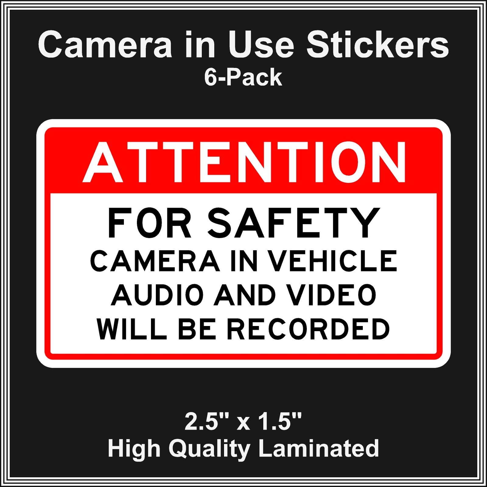 Camera in Car Recording Video 6-Pack Decals Red & Black 2.5" x 1.5" for Uber