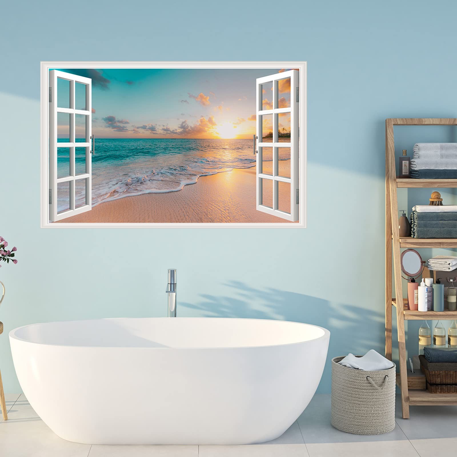 Sea Beach Wall Sticker Sunset Seascape Fake Window Wall Stickers Tropical Sandy