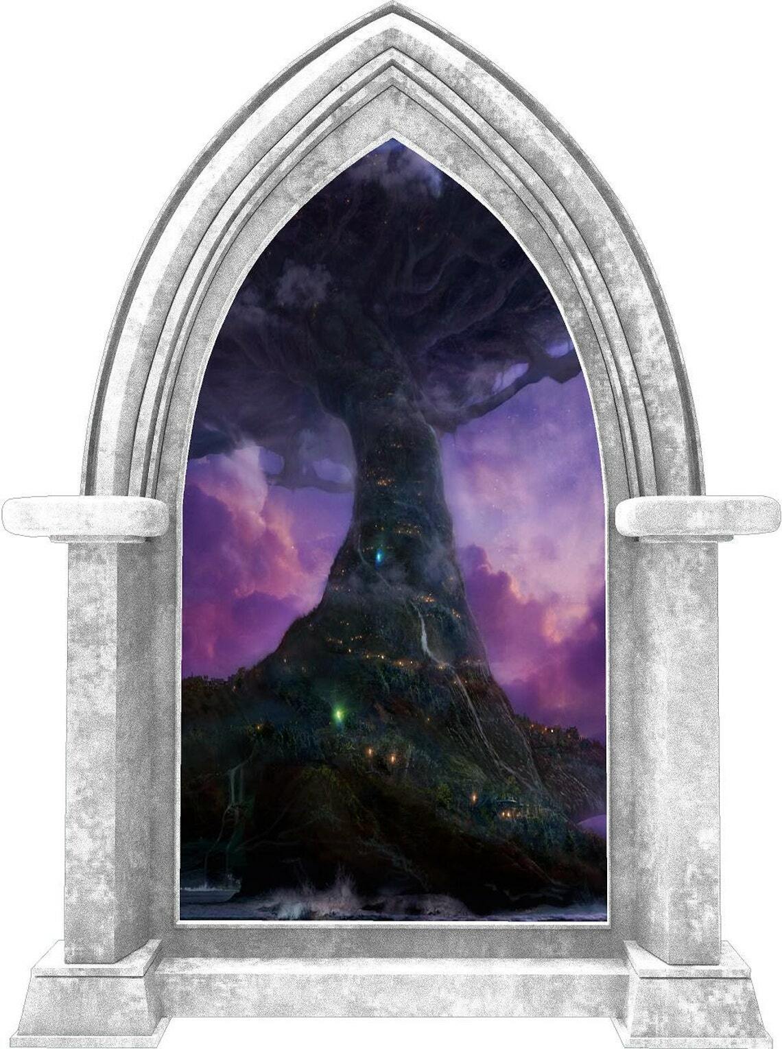 CastleScape Elf Tree Village 2 Wall Decal Stone Castle Window Vinyl Wall Sticker