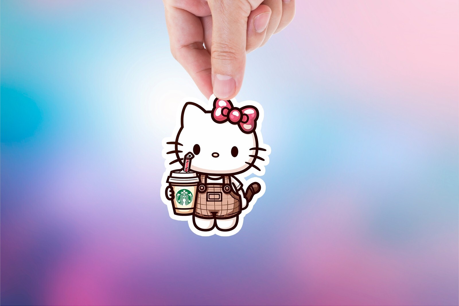 Kitty with Starbucks Sticker, Cute, Waterproof, Laptop, Water Bottle, Die Cut