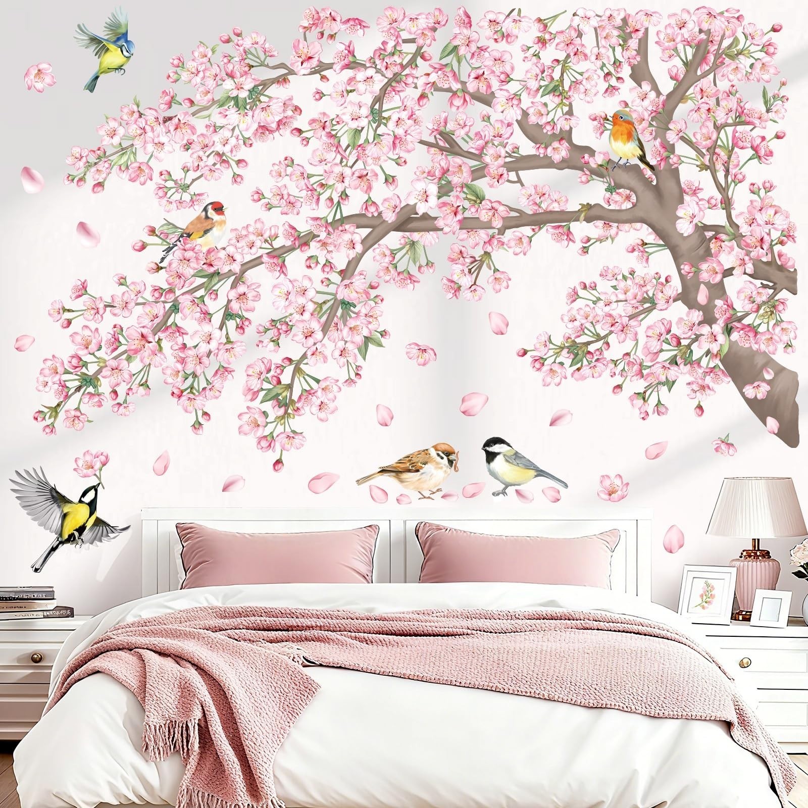 Large Cherry Blossom Tree Wall Stickers – Pink Floral Birds Decals for Nursery &