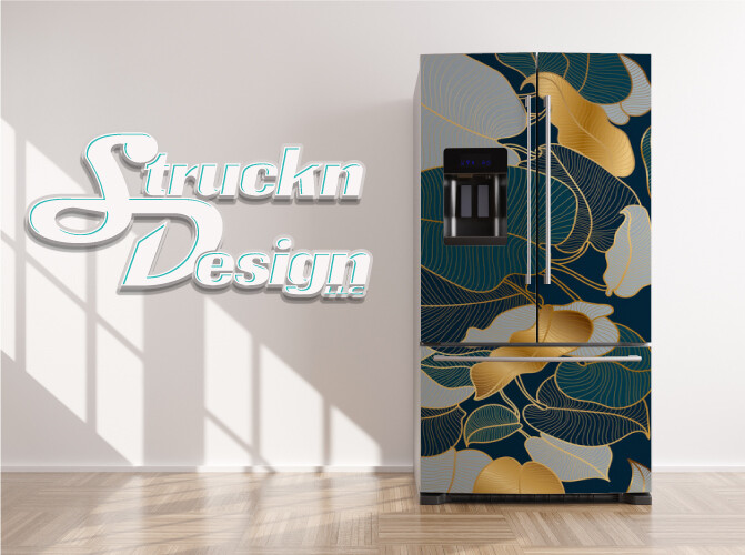 Luxury Teal Green Beige Gold Art Leaf Fridge Freezer Wrap Side Door Vinyl Decal