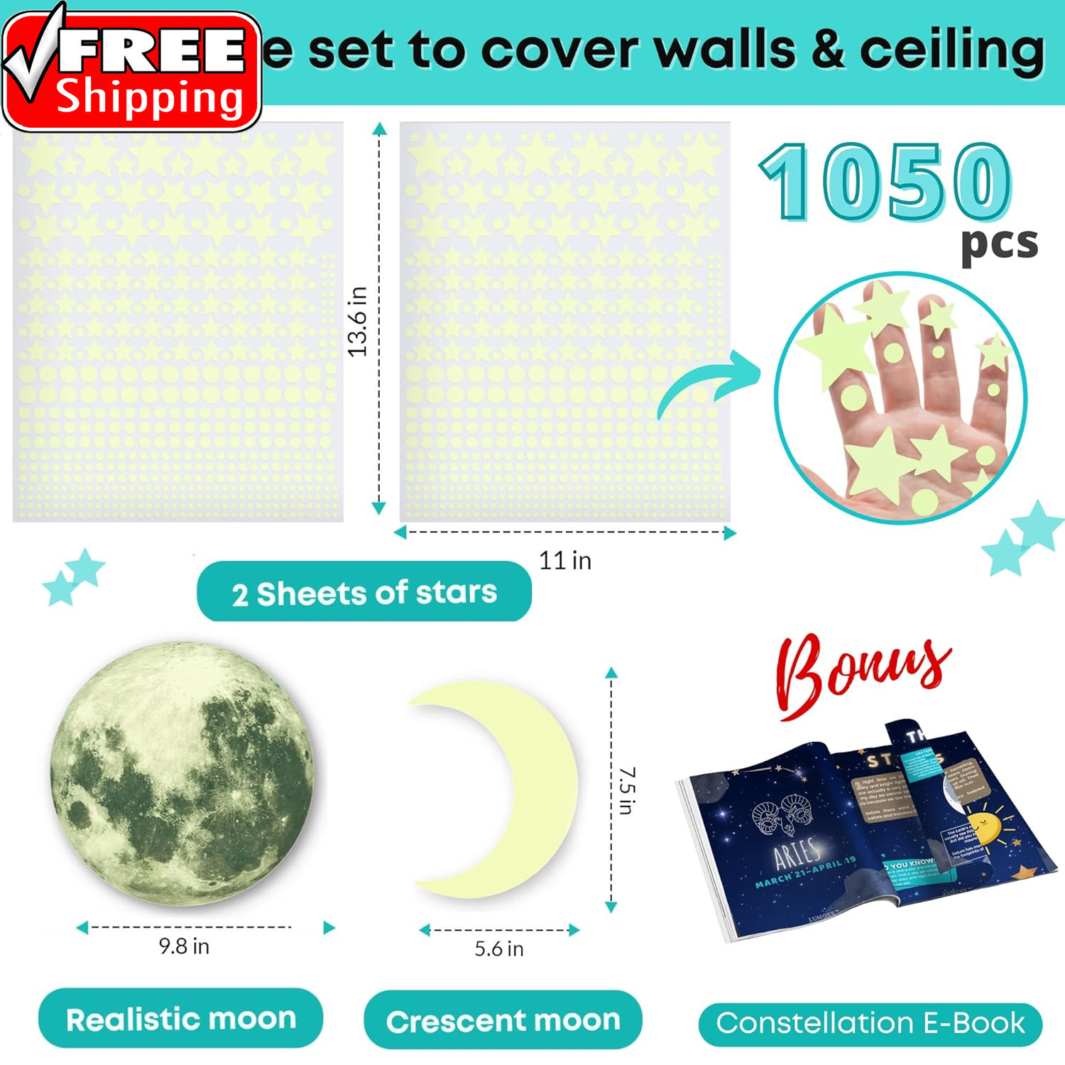 Glow in the Dark Stars for Ceiling, 1050 Pcs with Moons & E-Book (Blue)