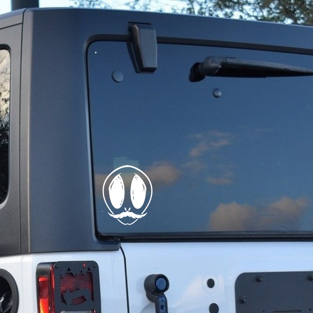 Alien w/ Mustache Window Decal | White/Black | Premium Quality | 5" x 4"