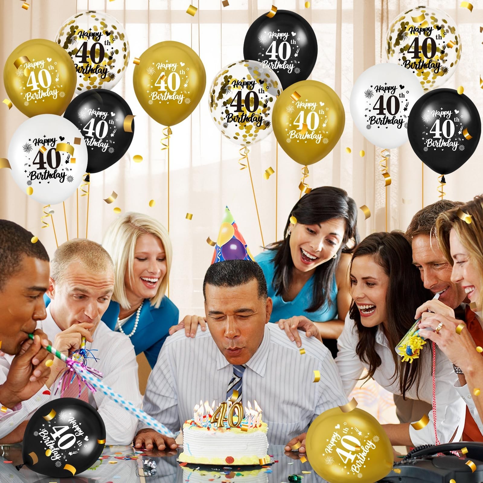40th Birthday Balloons for Men, 24Pcs Black Gold White Happy 40th Birthday Ba…