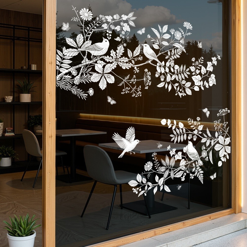 Floral Bird Leaf Themed Double Sided Static Cling Sticker White PVC Material