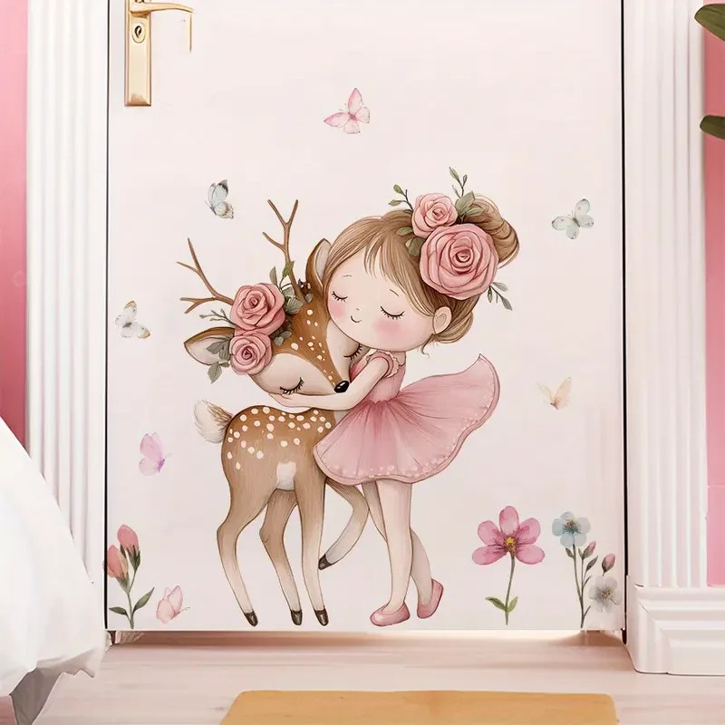 New Pink Ballerina Wall Decal Art Stickers Girl Deer Flowers Self-Adhesive 107