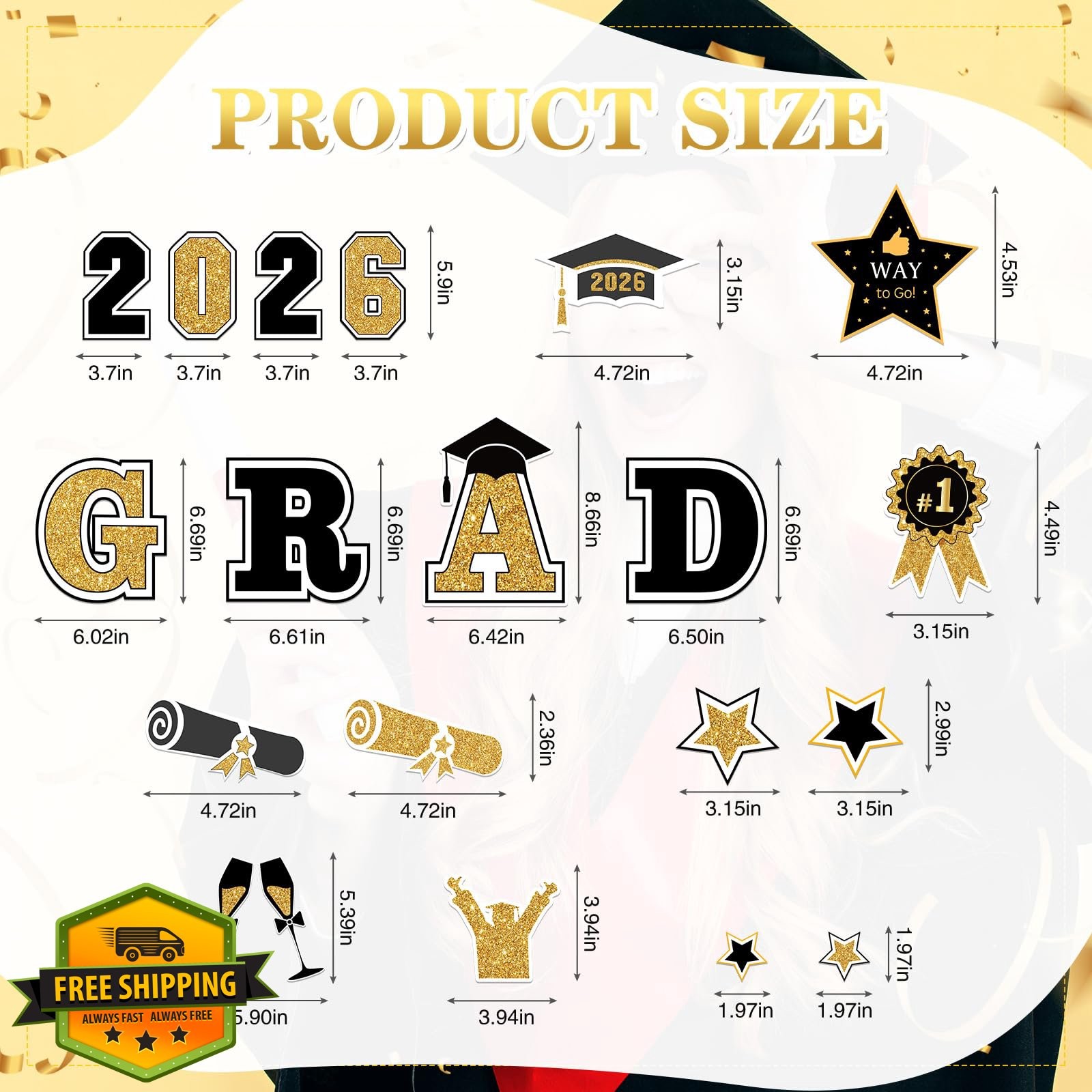 2026 Graduation Car Magnets (20 Pcs), Reflective Grad Decals, Black