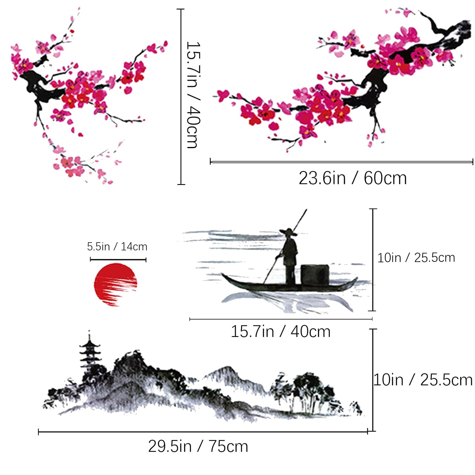Large Japanese Wall Decor Stickers, Red Cherry Blossom Tree Wall Murals Mount…