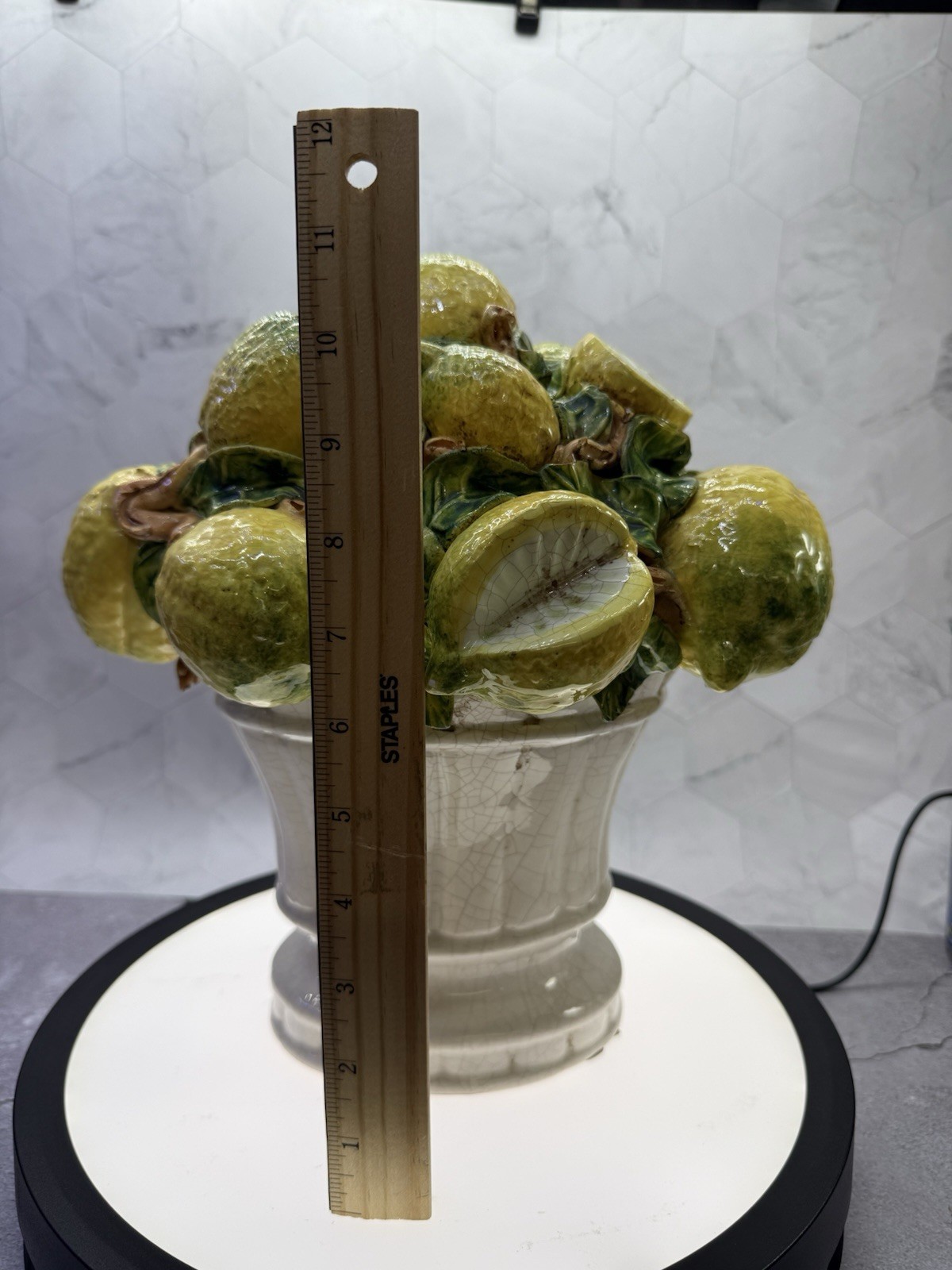 Beautiful decorative Italian Majolica ceramic basket of lemons, Centerpiece.