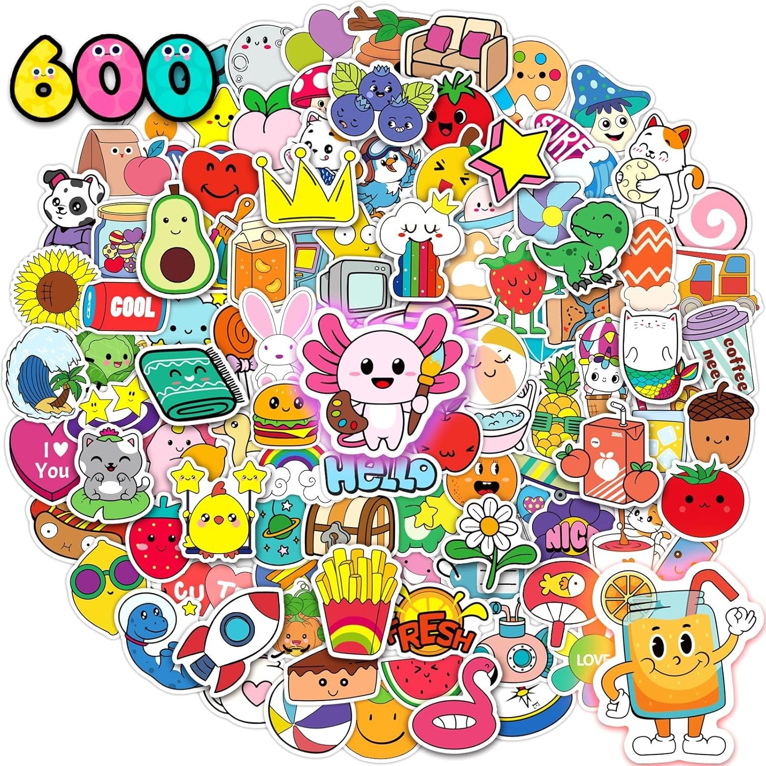 600Pcs Stickers for Kids Water Bottle Vinyl Waterproof Scrapbook Cute Bulk