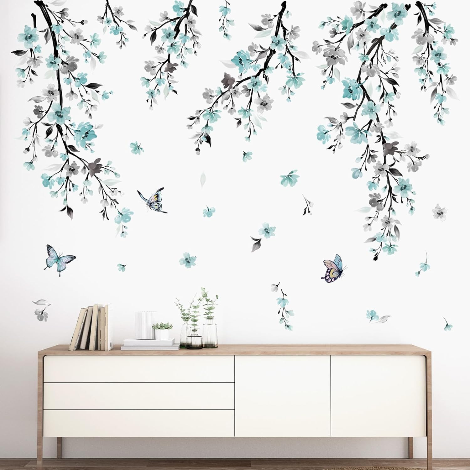 Watercolor Flower Vine Wall Stickers Blue Hanging Floral Tree Branch Wall Art De