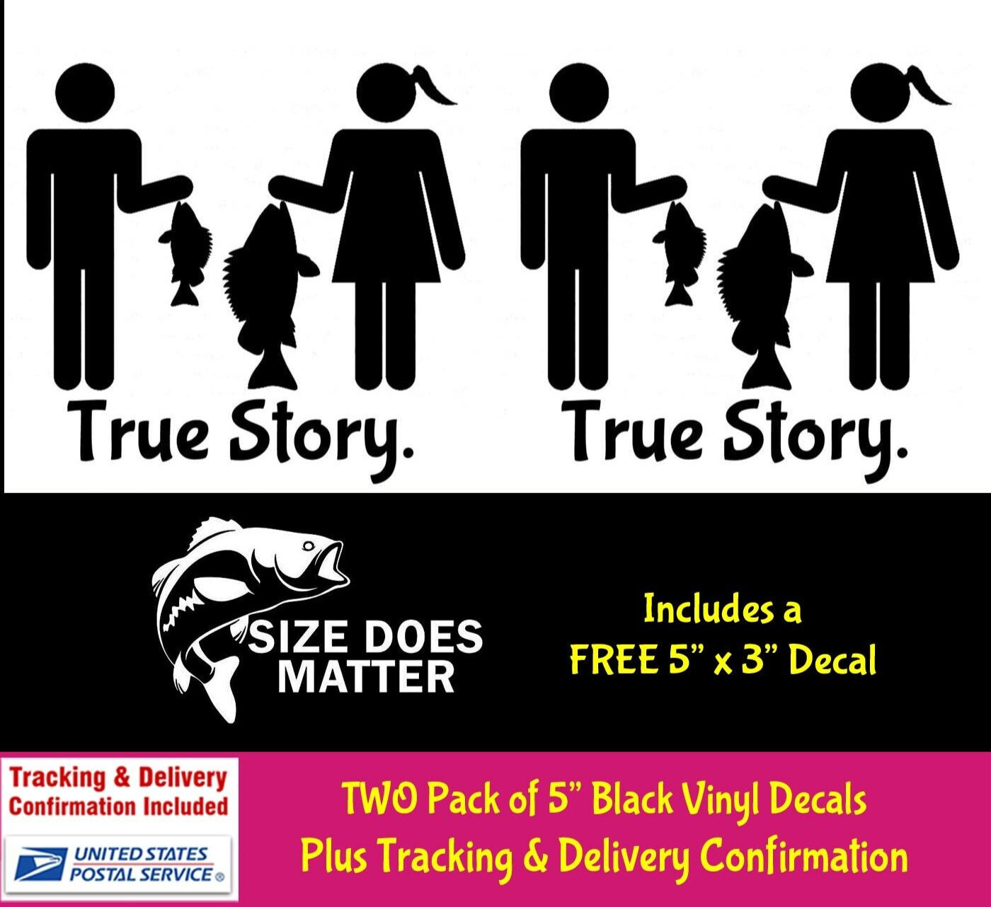True Story Fishing Tale Two 5" Black Vinyl Decals Car Truck Camper Boat Windows