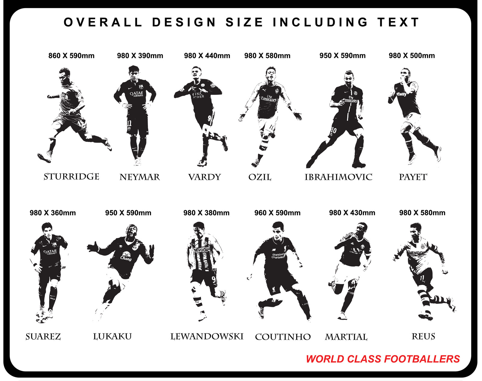 FOOTBALLERS – NEYMAR VARDY OZIL PAYET SUAREZ LUKAKU COUTINHO REUS WALL STICKERS