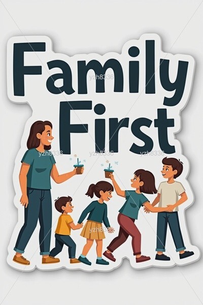 Family First Sticker – Heartwarming Text with Happy Family Illustration – Zink