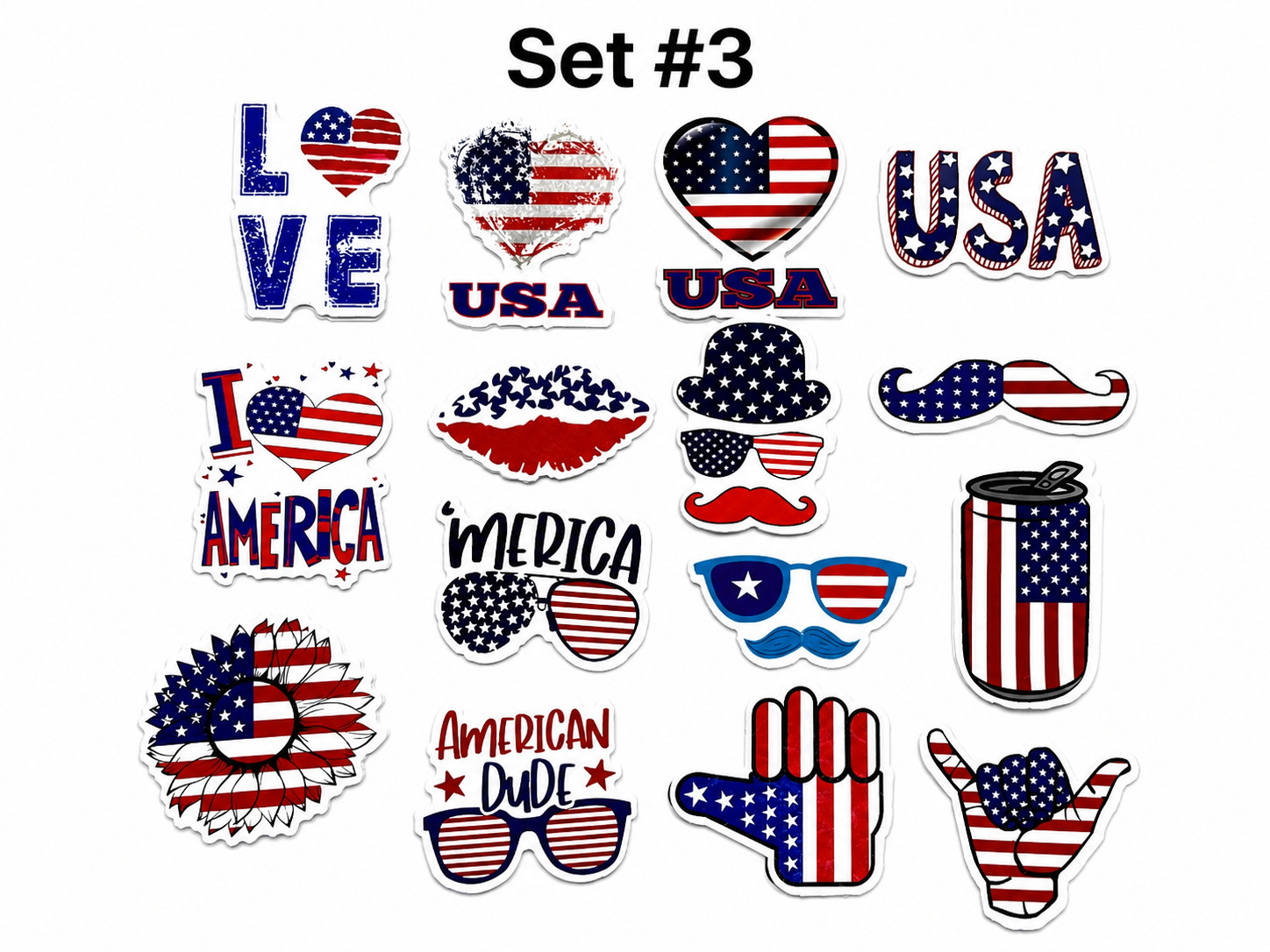 4th of July Stickers Set Patriotic USA Decals Laptop Scrapbook 2" Bulk