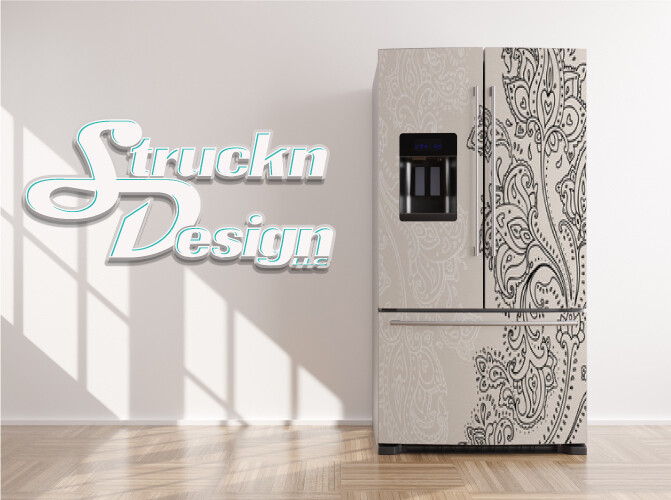Beige Black Floral Elements Art Deco Fridge Freezer Wrap Side Door Vinyl Decal