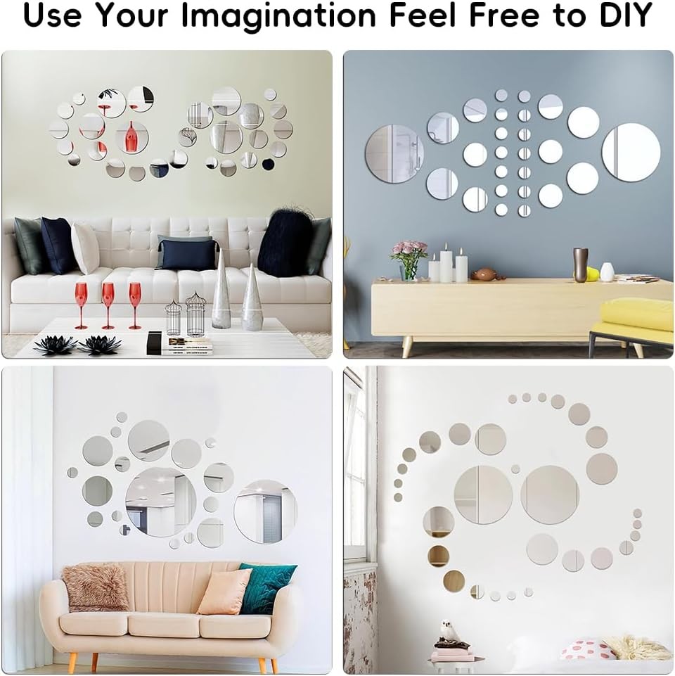Acrylic Circle Mirror Decals, 32-Pc Removable Wall Sticker Set for Home Decor