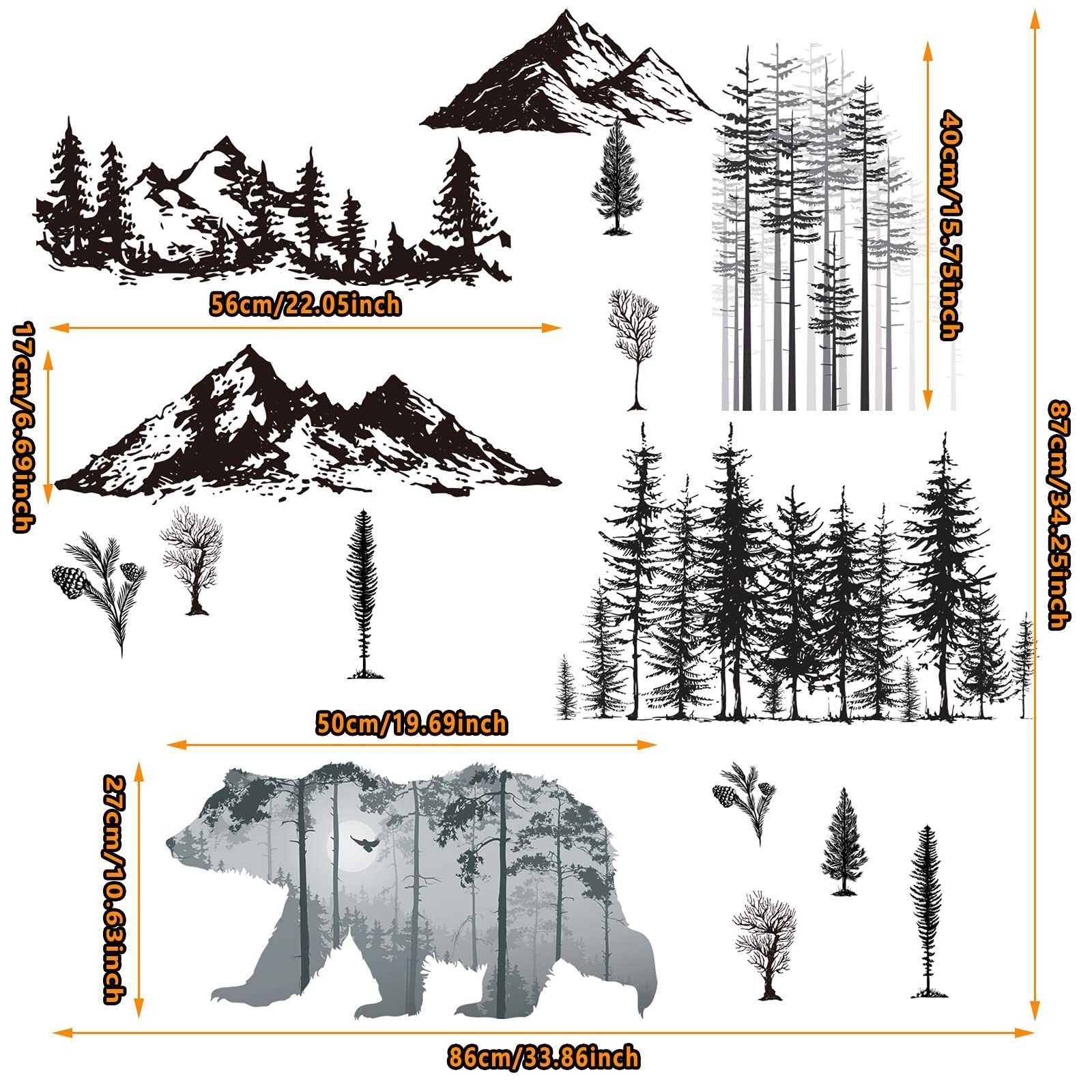 Outus 3 Sheets Mountain Forest Bear Wall Decals Stickers Pine Tree As Shown