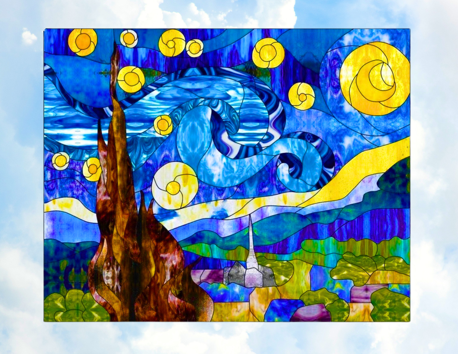 Starry Night Faux Stained Glass WINDOW CLING Size 10" Repositionable Vinyl
