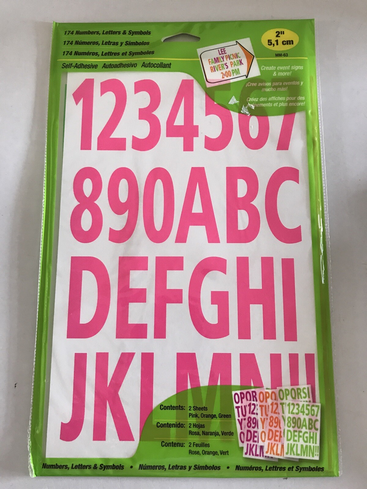 Hy-Ko Products MM-63~Self Adhesive Numbers & Letters 2"~Pink,Orange& Green~New