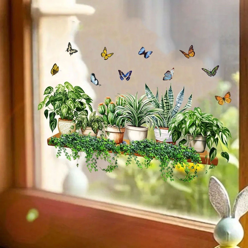 Glass Window Stickers with Realistic Green Leaves and Butterflies 60x50cm