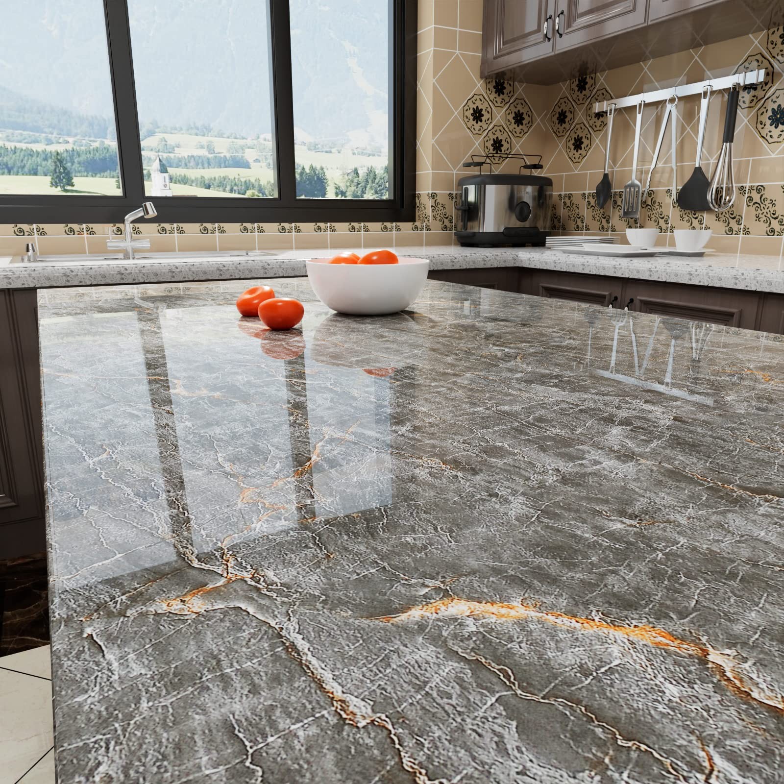 160 x 24 Inch Dark Grey Marble Paper Peel and Stick Countertops Waterproof Ma…
