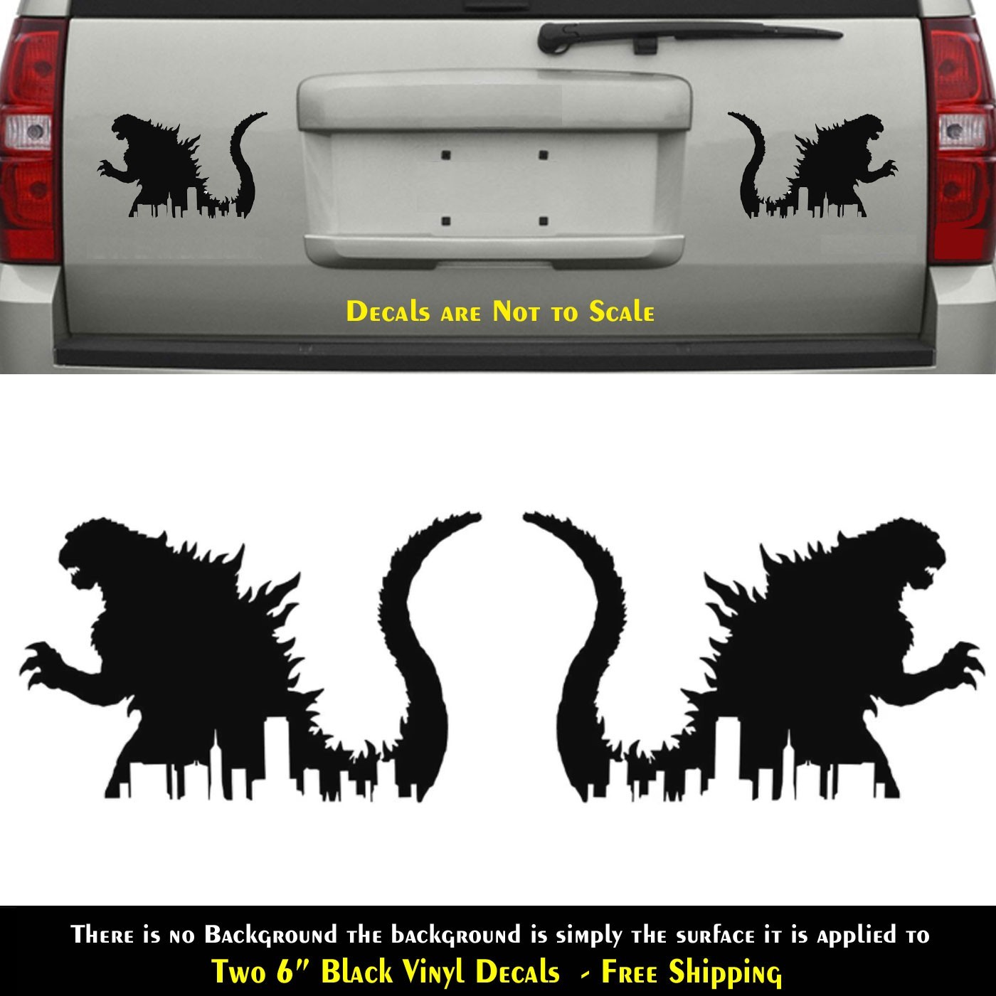 Godzilla New York Skyline Two 6" Black Decals Vehicle Window Any Flat Surface
