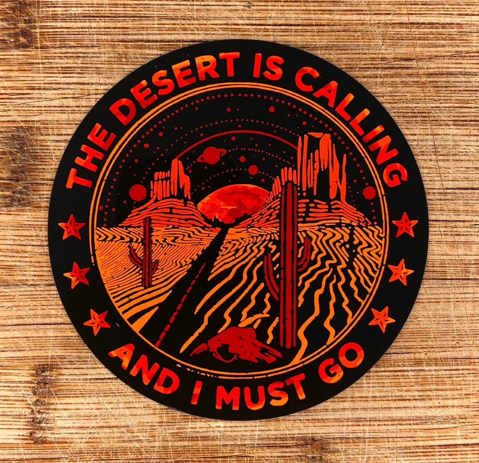Desert Highway 4 Inch Vinyl Sticker Waterproof Black Saguaro Cactus Moon Stars